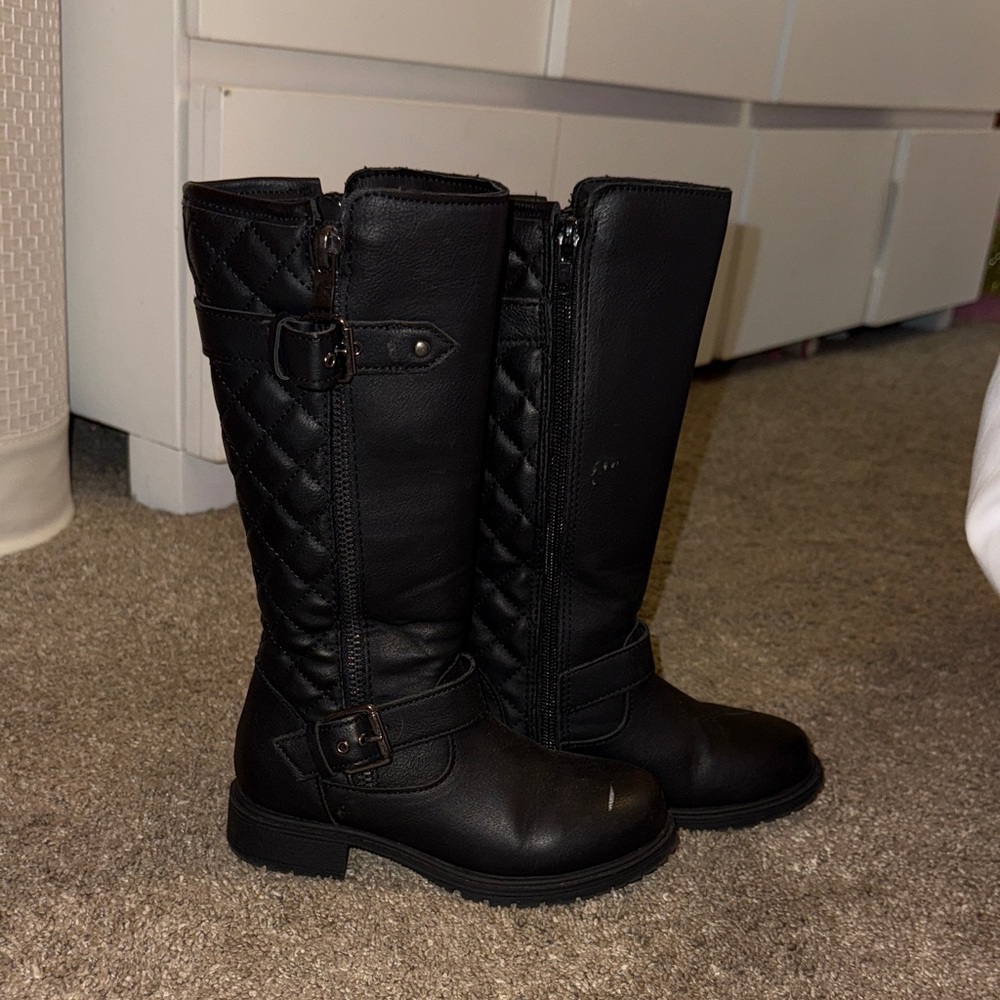 Girls Black Quilted Knee-High Boots